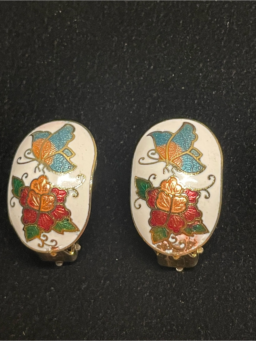 White Enamel Butterfly & Floral Clip-On Earrings with Multicolor Accents